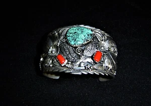 Sterling Silver Bracelet with turquoise and coral Signed - Picture 1 of 4
