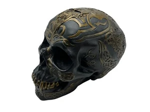 7 in. Black & Gold Color Celtic Pattern Skull Statue Figurine w/ Fangs Vampire - Picture 1 of 13