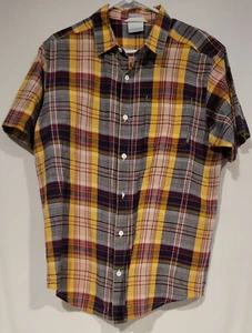 Columbia Button Up Shirt Mens Large Short Sleeve black yello Plaid Cotton Casual - Picture 1 of 6