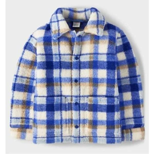 Gymboree NWT Unisex Kids Boy Blue Off white Plaid Sherpa Shirt Jacket Size 10 - Picture 1 of 3