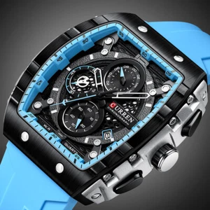 Mens Luxury Sports Watches Chronograph Date Waterproof Rubber Band Tonneau Watch - Picture 1 of 22