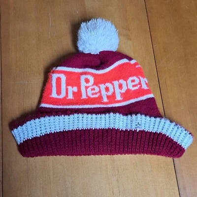 Boné meia gorro vintage promocional Dr Pepper malha vermelha branca Pom - Imagem 1 de 4