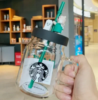 Starbucks China 600 ml Delantal Verde Taza Paja Oso 16OZ Taza Vidrio/NUEVO Foto 1 de 4