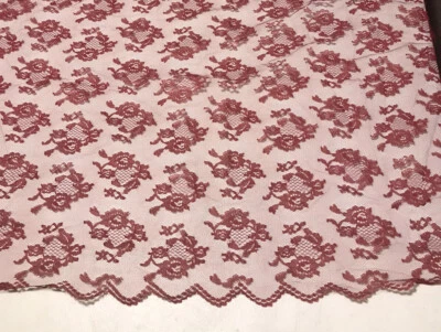 Lace tulle mesh material fabric mauve rose floral scalloped hem 86” x 45” - Image 1 of 4