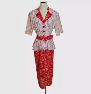 Vintage Belted Peplum Dress Size 13/14 Red White Dotted Floral Retro 50s Look - Image 1 of 4
