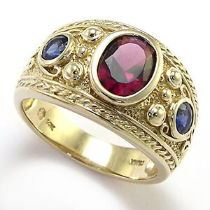 Men's Sapphire and Garnet Ring 14k Yellow Gold Ring 12.30gr, 7 to 14 R737