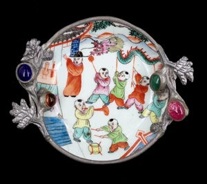 Antik Qing Dynastie Guangxu Porzellan Drache Zinn Schmuckstück/Ring Schale Teller - Bild 1 von 8