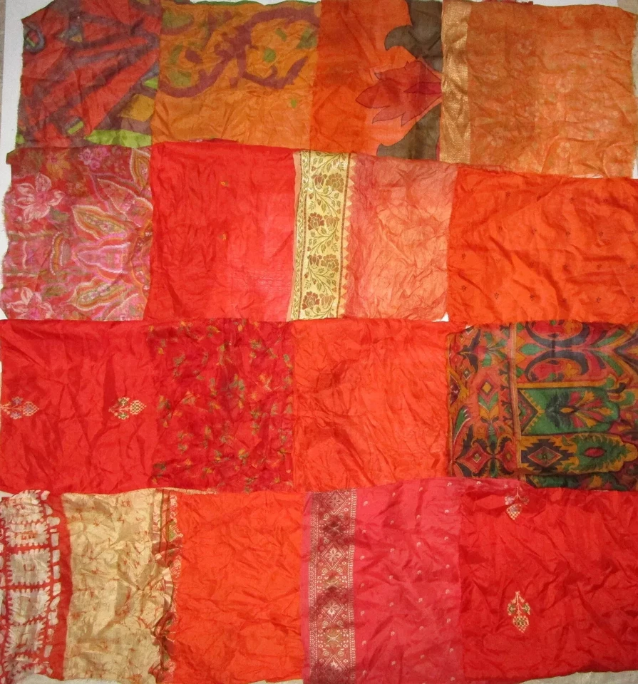 ON Vintage 30 Pcs Recycled Silk Sari Remnants/Fabric 8"X8" Fabric Scraps Orange - Image 1 of 1
