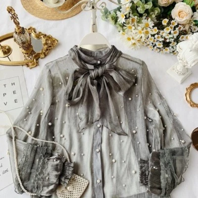 Ragazza Donna Trasparente Perline Camicetta Camicia Volant Top Arco Lolita Pizzo - Immagine 1 di 3