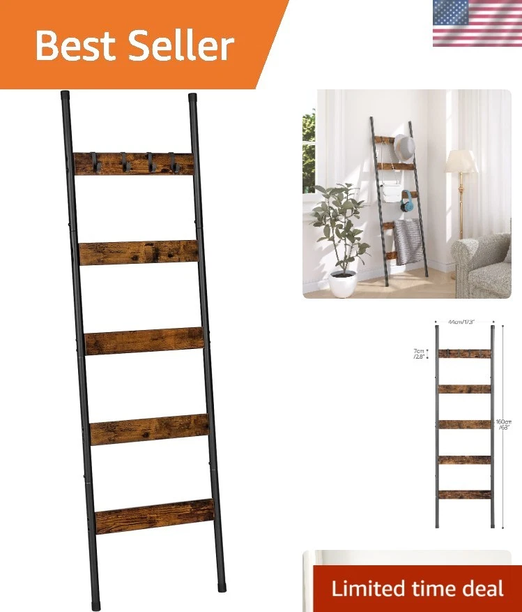 Wall Leaning Blanket Ladder Towel Rack with Hooks Rustic Brown Black - Image 1 of 4