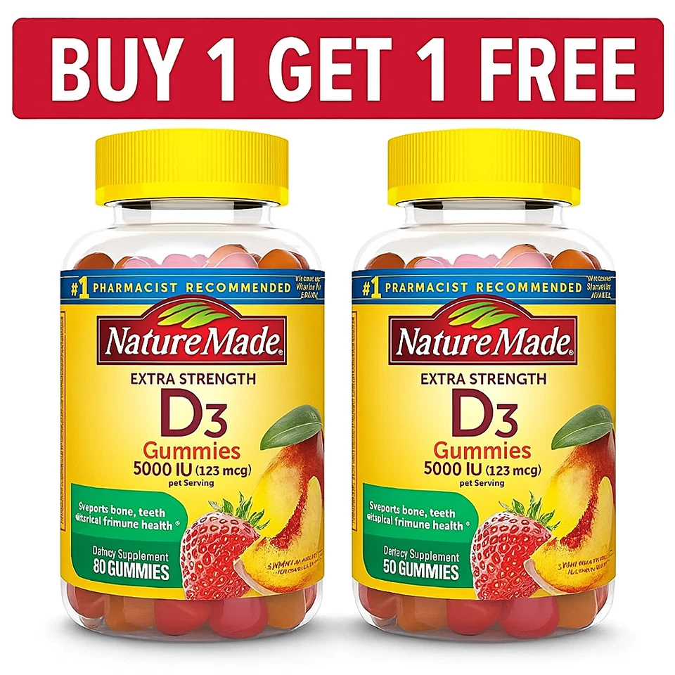 Nature Made 维生素 D3 5000 IU 木乃伊超强骨骼和免疫支持 80 克拉 — 第 1/4 张图片