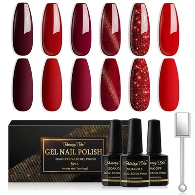 Nagellack Rot Set 6 Farben Gel Glitzer Cat Eye UV Soak-Off French - Bild 1 von 2