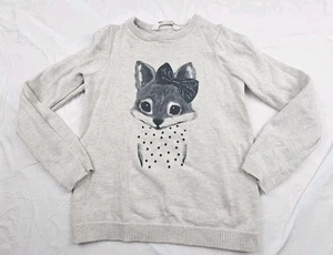 H&M Little Girls Knit Sweater Size 4-6 Fox Longsleeve Crew Neck Light Gray - Picture 1 of 3