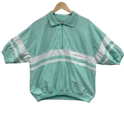 VINTAGE Claybrooke Intl Mint Seafoam Stripe Short Sleeve zip Polo Shirt L RARE - Image 1 of 4