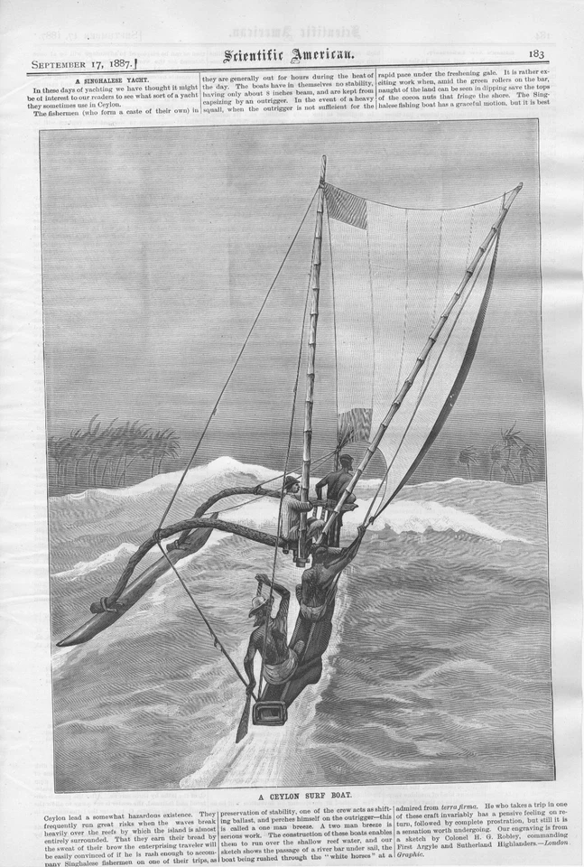 A Singhalese Yacht - Un barco de surf Ceilán - impresión antigua de 1887 Foto 1 de 1