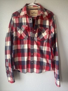 Camisa occidental Hollister roja rosa a cuadros perla frente a presión para hombre talla mediana - Imagen 1 de 6