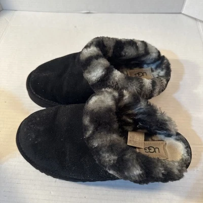 Zapatilla de gamuza UGG Scuffette II con ribete de piel de leopardo negra para mujer talla 7 Foto 1 de 4