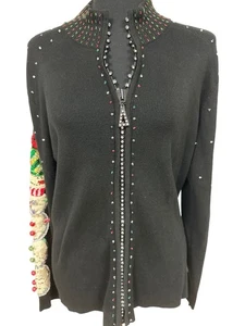 Just B Vtg Christmas Sweater Heavily Beaded Sleeves Rhinestone Zipper SZ ? READ - Picture 1 of 12