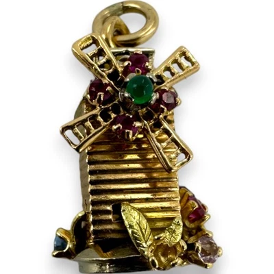 Vintage 14kt Yellow Gold Moving Detailed Windmill Charm Gemstone Pendant - Image 1 of 4