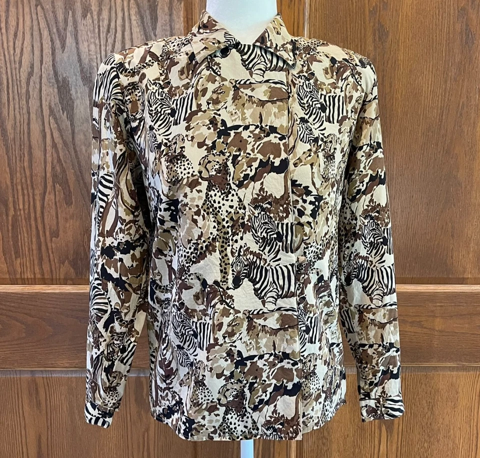 Doncaster Silks 衬衫上衣 6 码动物印花长袖 100% 真丝棕色卡其色 — 第 1/4 张图片