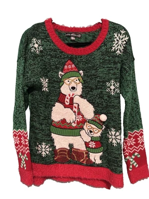 Estados Unidos Suéteres Mujeres Navidad Pullover Suéter Oso Polar Verde Bling M Foto 1 de 4
