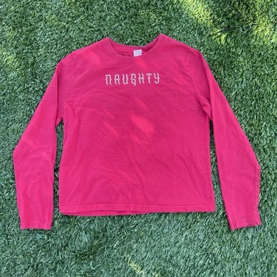 "Naughty" Cross Stitch Graphic T-Shirt Kids XL Red Long Sleeve Funny Christmas - Image 1 of 4