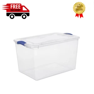 Stackable Plastic Tote Box Storage Containers Bin 66 Quart, Blue Latches - Picture 1 of 6