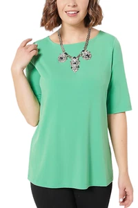 Susan Graver Essentials Liquid Knit Bateau Neck Elbow Sleeves Green - Picture 1 of 4