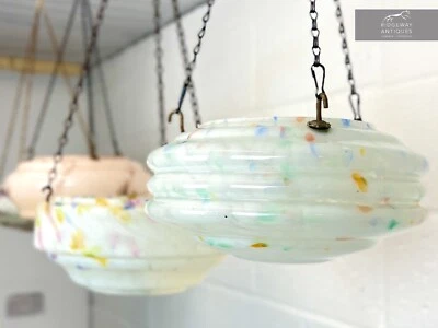 Art Deco, Multi-Coloured Ribbed Glass Ceiling Light Shade / Bowl & Chain - Image 1 of 4