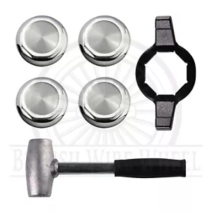 Hex Cut Chrome Knock Off Spinner Caps for Lowriders, Set of 4 + Wrench + Hammer - Picture 1 of 10