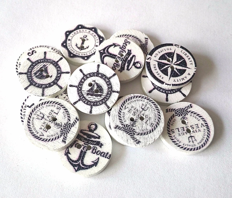 10 große Holzknöpfe Knopf weiß schwarz maritim Anker  Schiff 25 mm 2 Äuglein 2mm - Bild 1 von 1