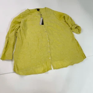 Tahari Top Damen 2x 100% Leinen Neu 3/4 Rollärmel Gelb Button Down Shirt - Bild 1 von 11