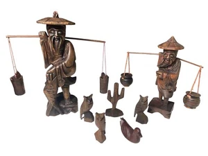 Raro antico set pescatori cinesi asiatici 10” e 8” in legno intagliato a mano - Foto 1 di 15