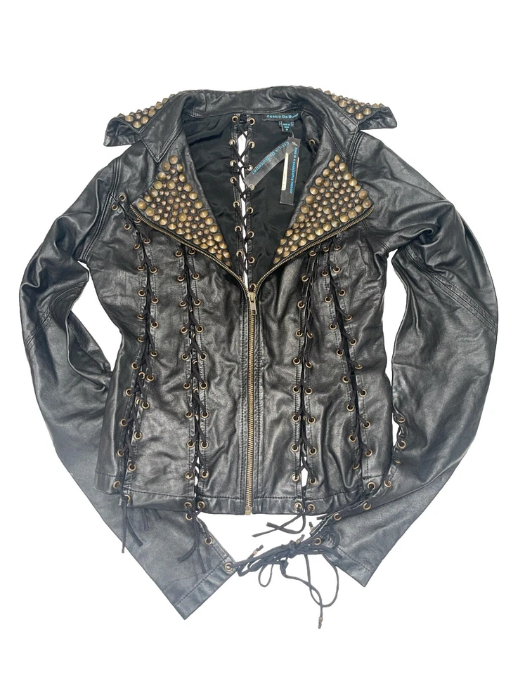 Chaqueta de cuero Cecilia De Bucourt con cordones cuello tachonado talla M Foto 1 de 4