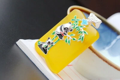 D10 Rimorchio Panda Orsetti Su Gialla Calcedonio 925 Argento Sterling - Immagine 1 di 4