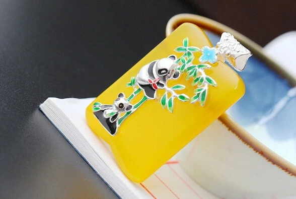 D10 Rimorchio Panda Orsetti Su Gialla Calcedonio 925 Argento Sterling - Immagine 1 di 4