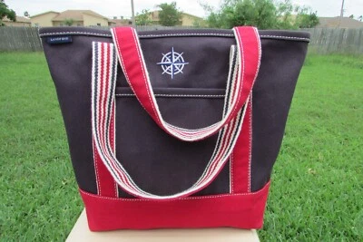 Bolso de hombro mediano Lands End azul de lona y borde rojo Foto 1 de 4
