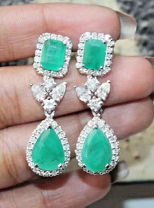 3.20ct Natural Round Pear Diamond 14k White Gold Emerald Wedding Dangler Earring - Picture 1 of 13