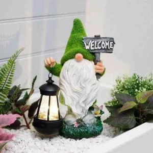 Solar LED Gonk Ornament with Lantern and Welcome Sign Garden Gnome Statue Resin - Picture 1 of 4