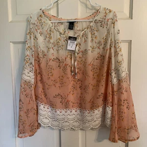 RUE 21  Blouse Peach Multi-color Floral, Sheer, Full Sleeves Lace, Small - Picture 1 of 5