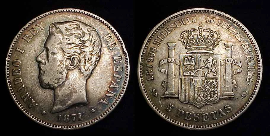 SPAIN 1871 (71) SD-M Silver 5 Pesetas VF - Image 1 of 1