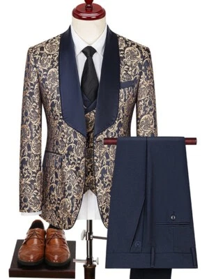 Traje azul para hombre Jacquard floral chal solapa un solo pecho boda formal Foto 1 de 4