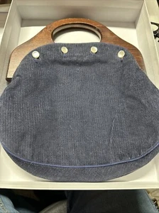 Bolso de pana azul con mango de madera estilo vintage - Imagen 1 de 3