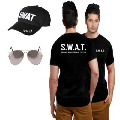 SWAT Team T-shirt Cap Glasses Fancy Dress Police Tactical Military Accessory Set - Image 1 of 2