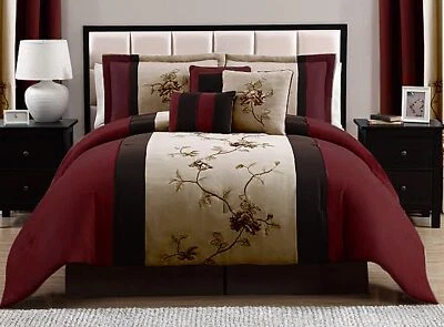 Juego de edredón floral bordado 7 piezas marrón borgoña topo Foto 1 de 4