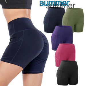 Womens Yoga Shorts Pocket Gym Cycling Biker Pants Sports Casual Leggings XS-3XL - Picture 1 of 14