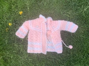 Vtg Bon Bon Pink 🌸🌸Crochet Baby Girl Sweater Pom Poms Needs TLC Korea** - Picture 1 of 13