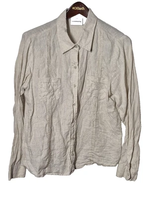 Camisa Liz Claiborne Mujer 12 Beige Lino Botón Frontal Manga Larga Pintuck Top Foto 1 de 4