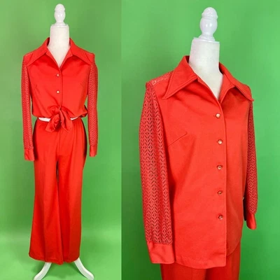 Traje de discoteca coral vintage años 70 con mangas de encaje traje de ocio para mujer - talla mediana Foto 1 de 4