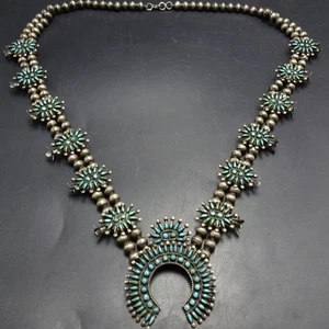 ALTE ZUNI Sterling Silber TÜRKIS NADELSPITZE Kürbisblüte HALSKETTE Vintage - Bild 1 von 17